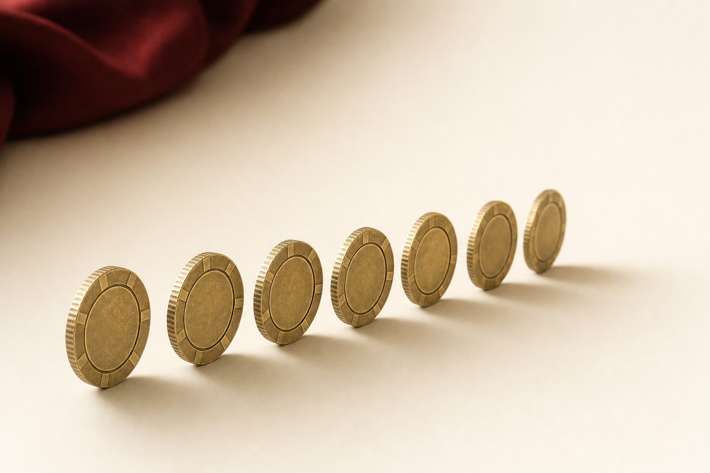 Seven identical brass casino chips stood on edge in a line and toppling like dominoes, the first two already flat, with a sprung mousetrap out of focus in the foreground
