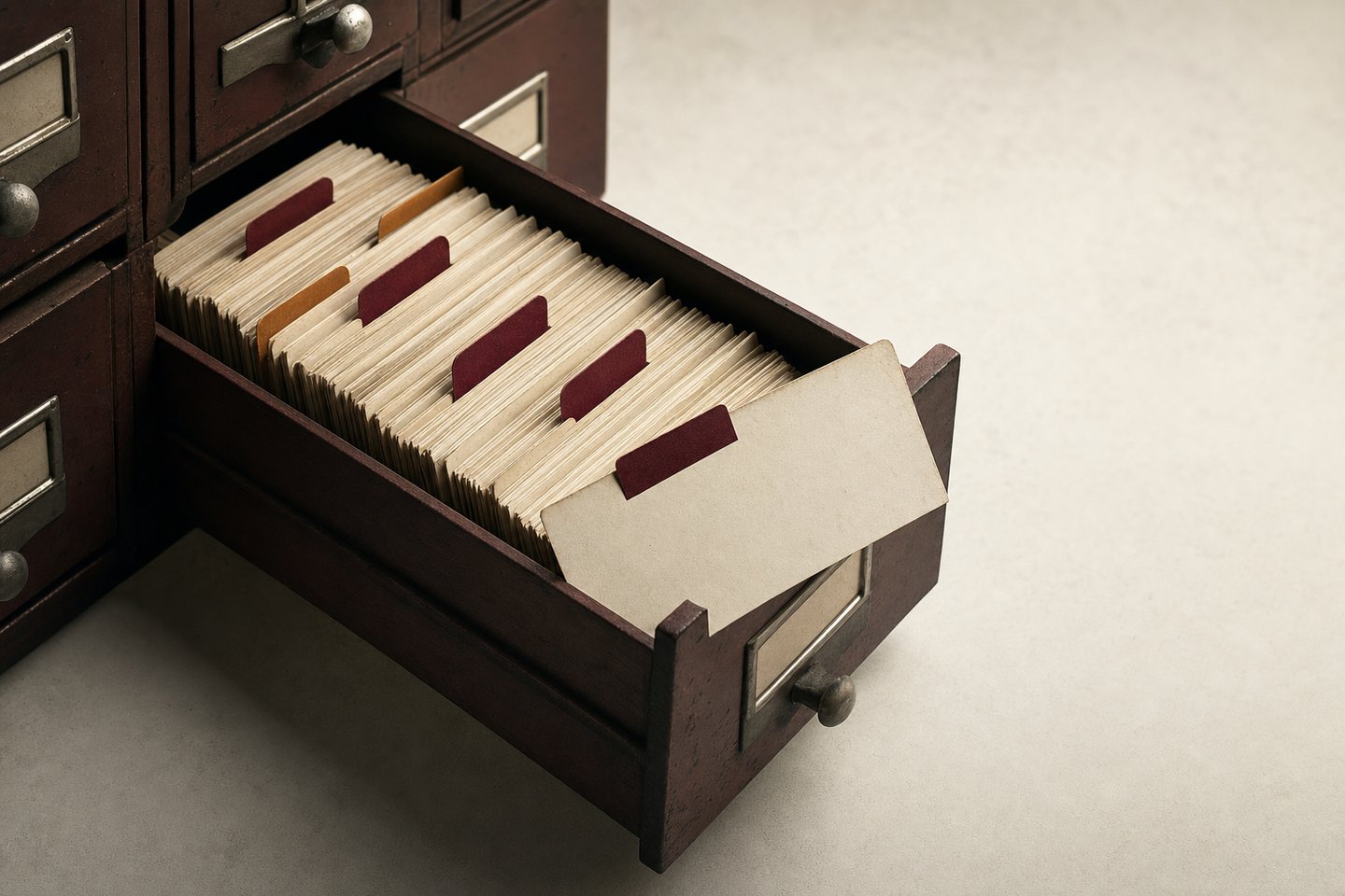 Archive card-index drawer with red- and amber-flagged record cards