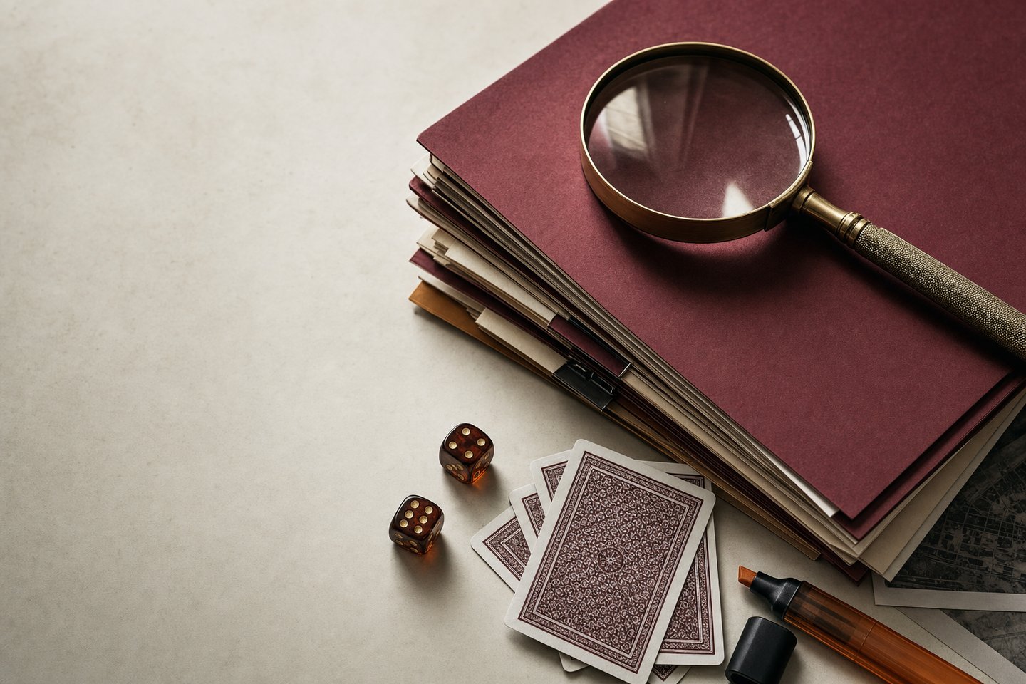 Investigator's desk with case files, a magnifying glass and face-down playing cards