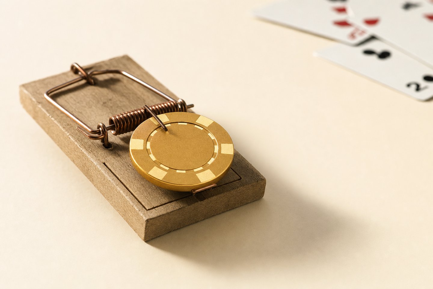 Wooden mousetrap baited with a golden casino chip