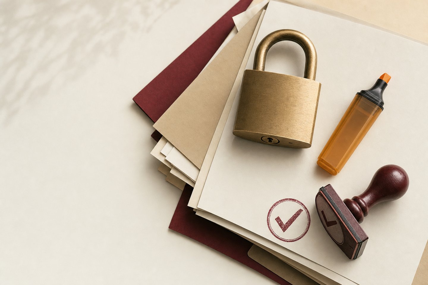 Brass padlock on a stack of documents beside a checkmark stamp